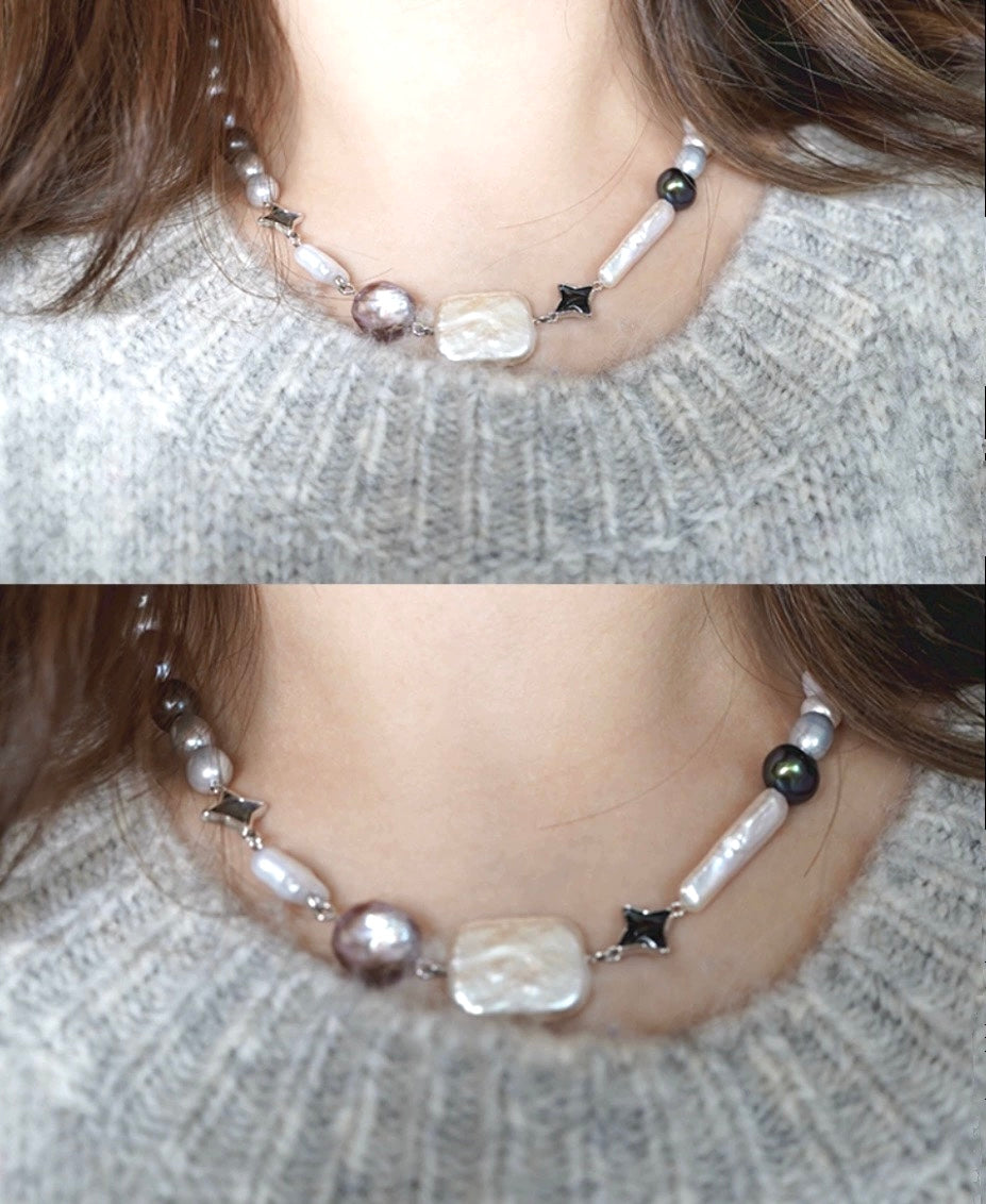 Freshwater multiple-color multiple-shape baroque pearl chain necklace