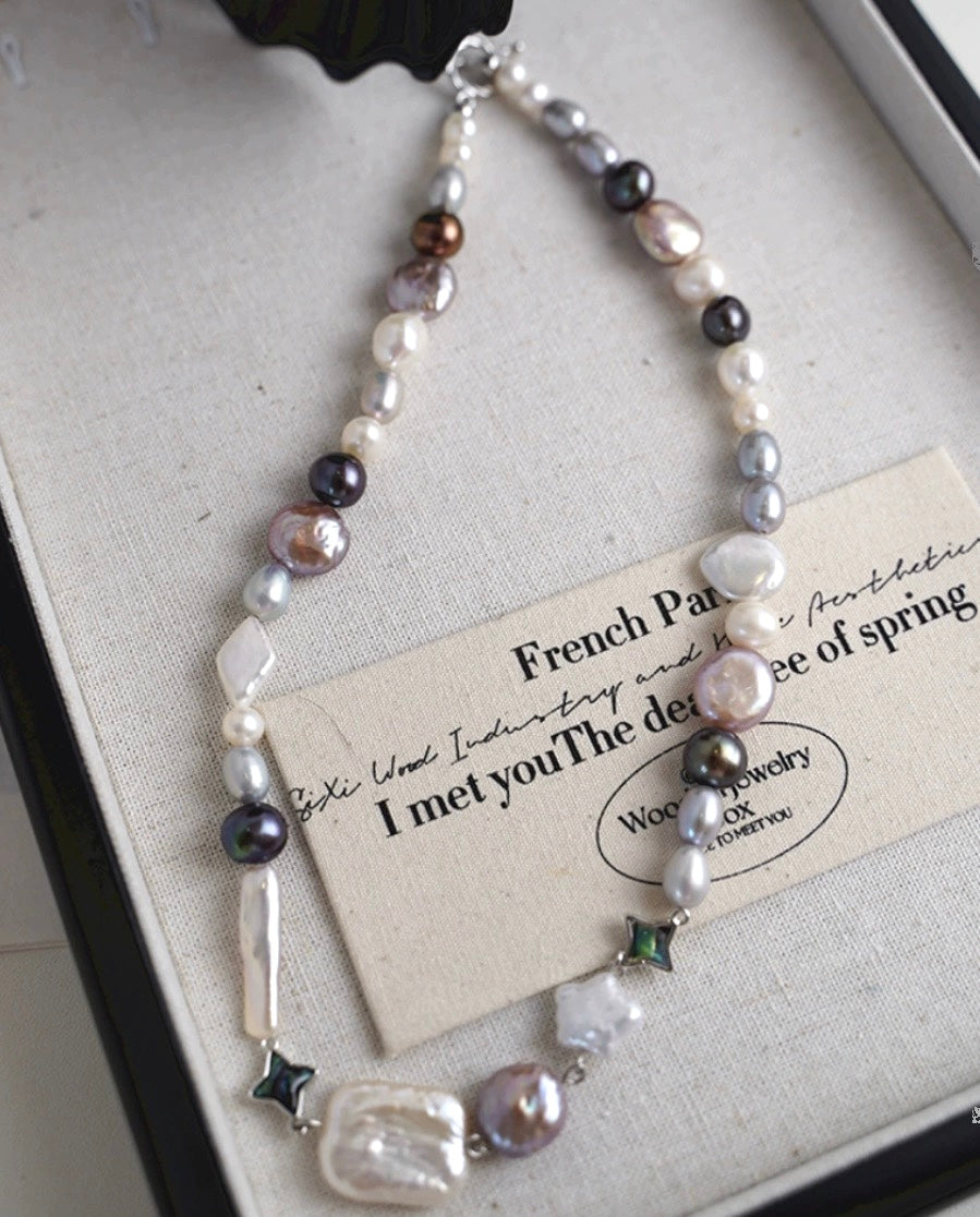 Freshwater multiple-color multiple-shape baroque pearl chain necklace